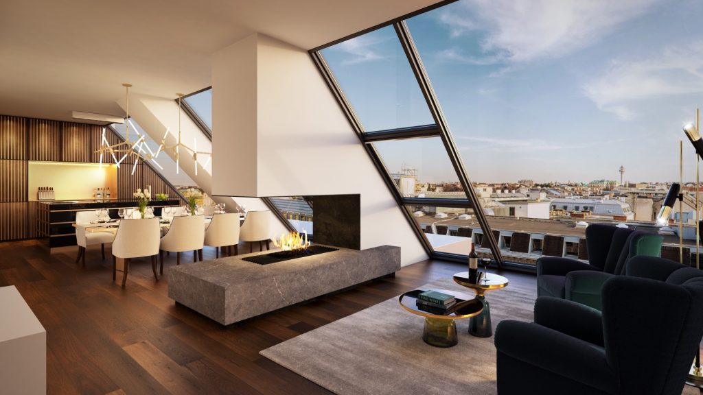 Luxury apartment penthouse with modern fireplace