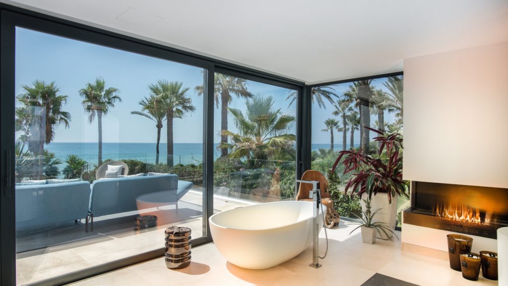 Bathroom with sea views