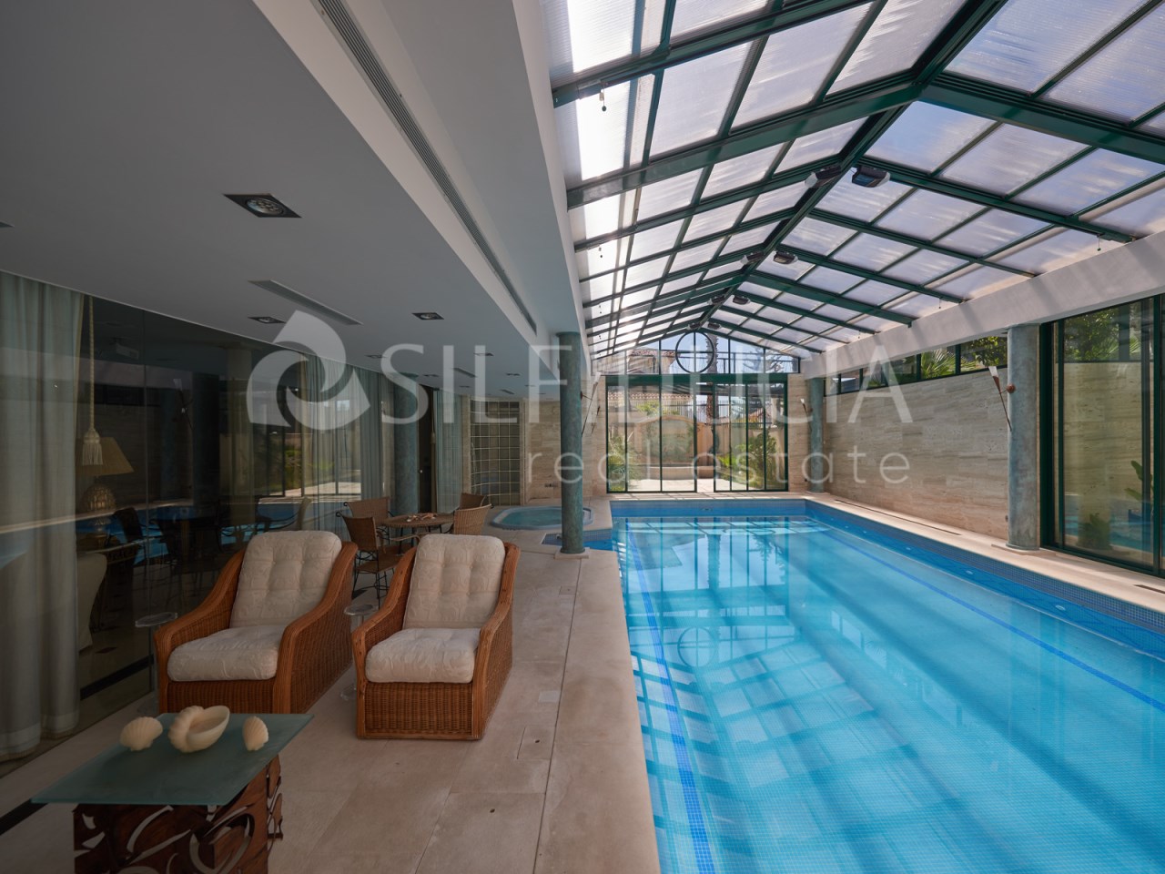 Indoor pool of an elegant villa for sale in Lisbon