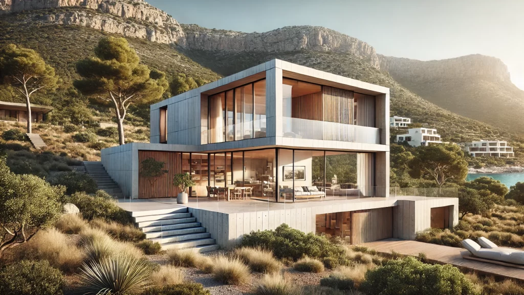 Luxury minimalist villa in a European landscape, featuring large glass windows, natural stone and wood materials, surrounded by greenery and mountains, showcasing modern sustainable architecture
