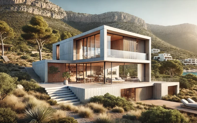 Luxury minimalist villa in a European landscape, featuring large glass windows, natural stone and wood materials, surrounded by greenery and mountains, showcasing modern sustainable architecture